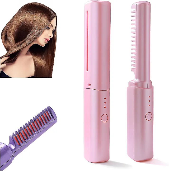 Rechargeable Mini Hair Straightener,2 in 1 Professional Lazy Portable USB Wireless Hair Straightener Comb, Three-Temperature Adjustment Hair Straightener, Anti-Scald Hair Straightener Comb